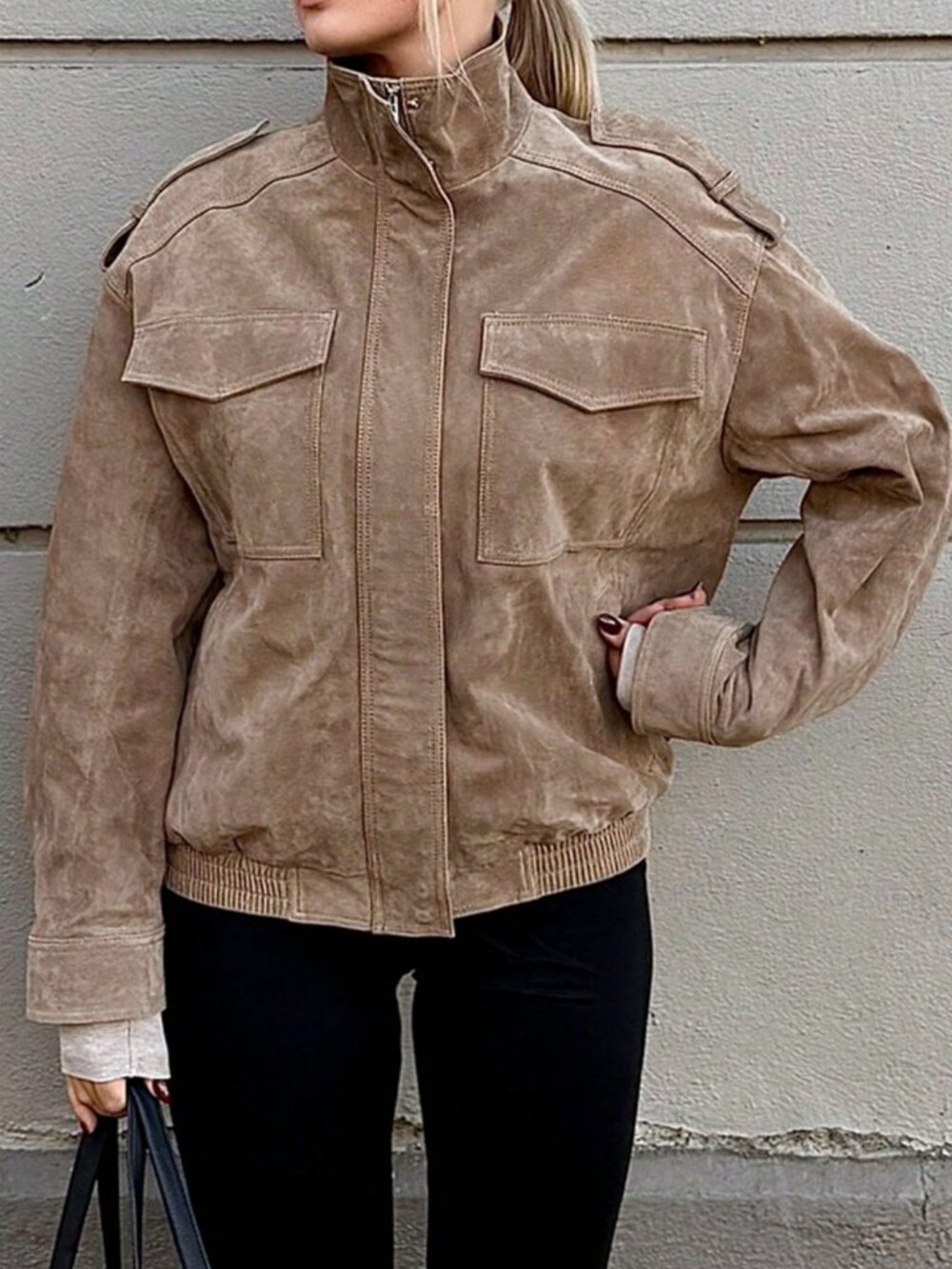 Khaki Casual Women's Contemporary Faux Suede Jacket - Picture 3 of 6
